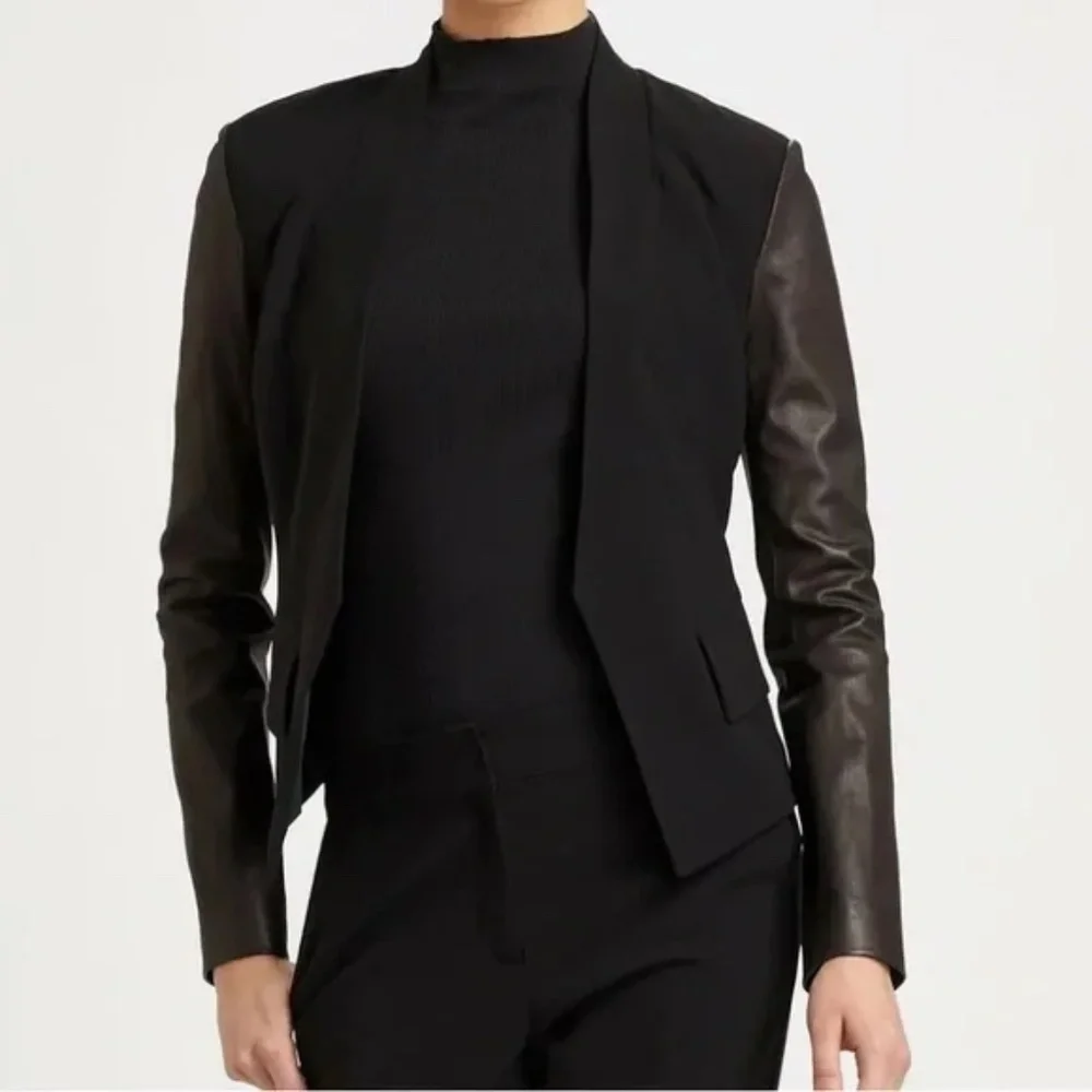 St. John Caviar Black Lamb Leather Open Front Blazer Jacket - Picture 3 of 16